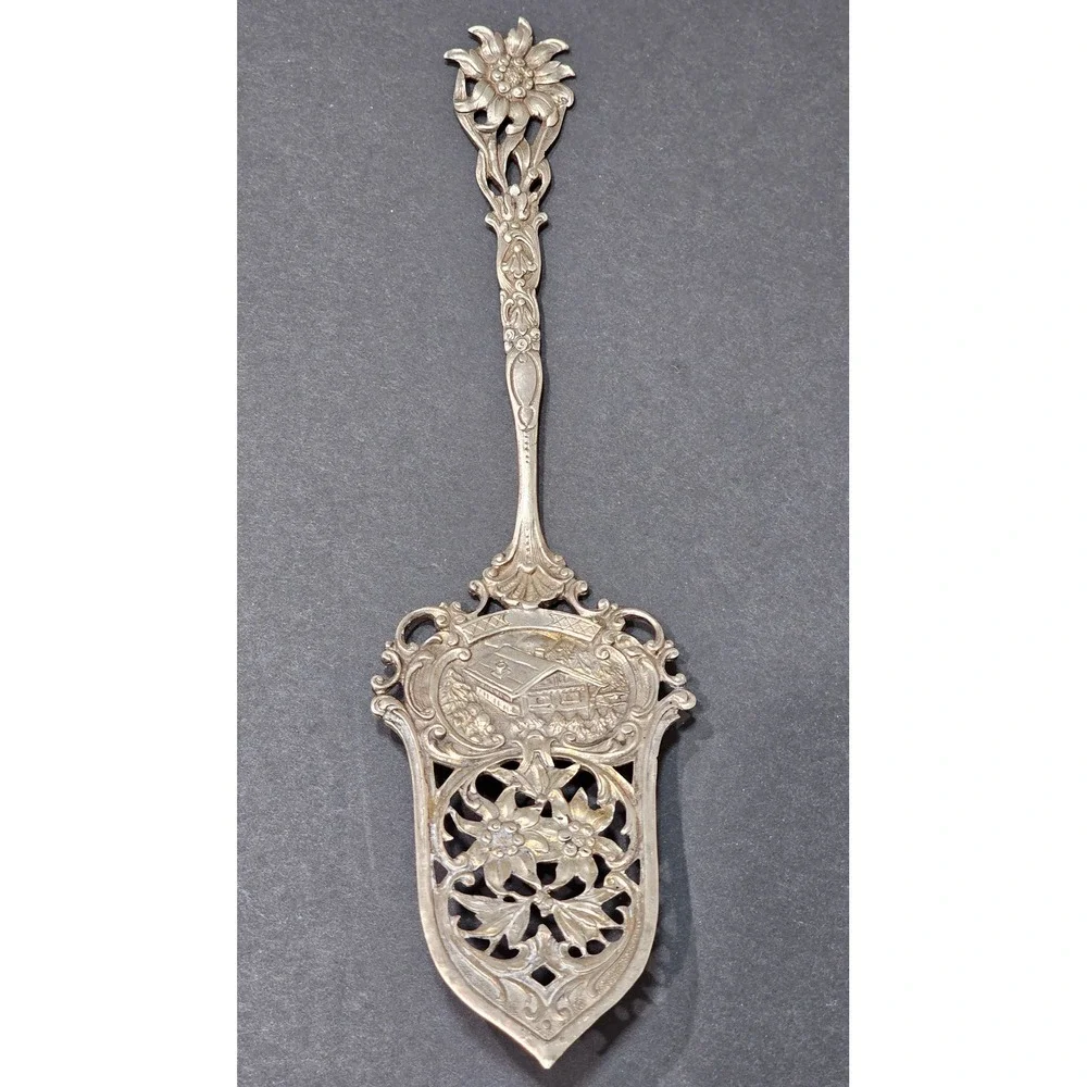 Antique Signed German 800 Silver Cake Server Edelweiss Alpine Chalet Repousse